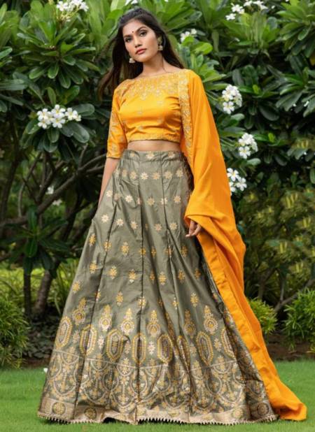 Yellow And Gray Colour Anandam Odhni New Designer Festive Wear Fancy Silk Lehenga Choli Collection 2367